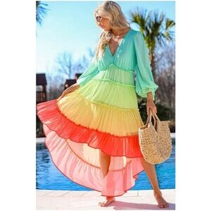 Champagne & Strawberry Tiered Rainbow High Low Maxi Dress XS